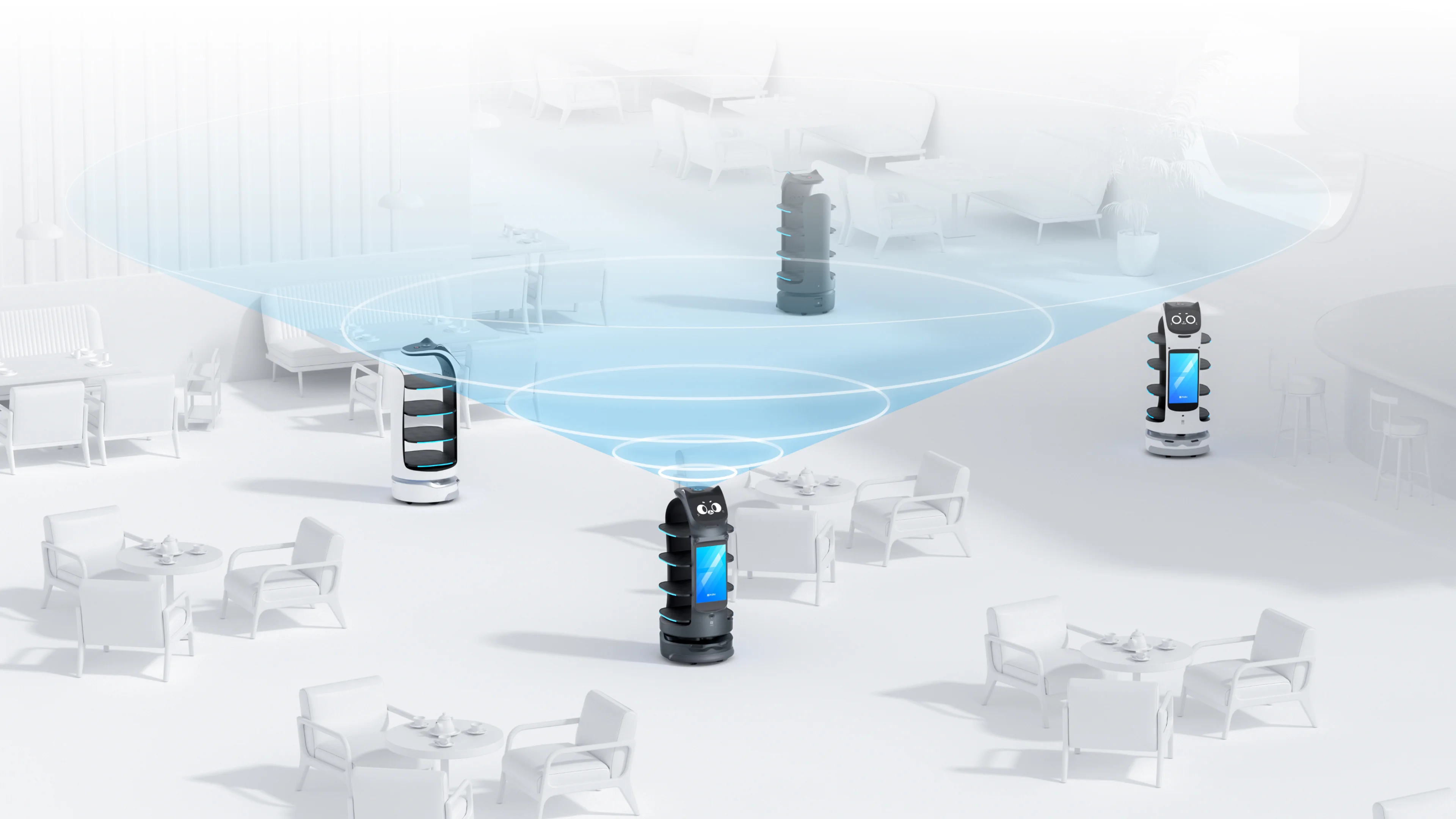 Aydınlık bir salonda çevresini algılayan servis robotları