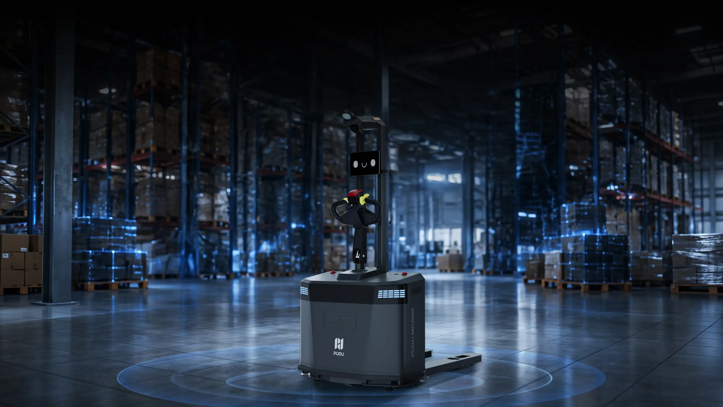 Depoda çevresini tarama halkasıyla algılayan Pudu MP2000 palet taşıma robotu