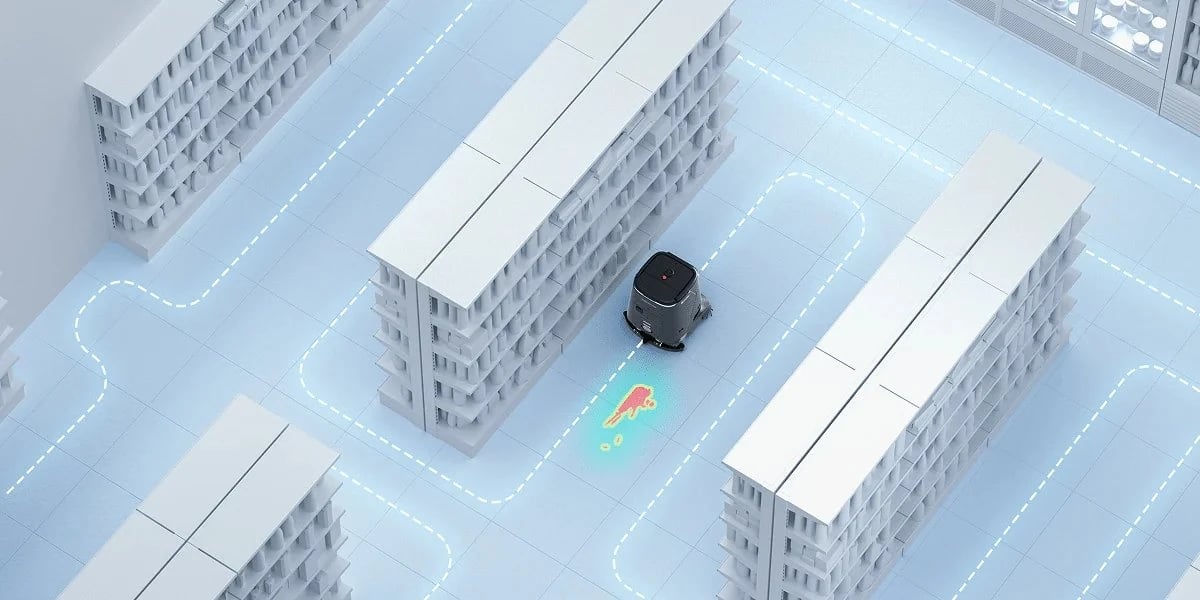 Raflar arasında planlanan rotayı izleyen robotun kuşbakışı çizimi