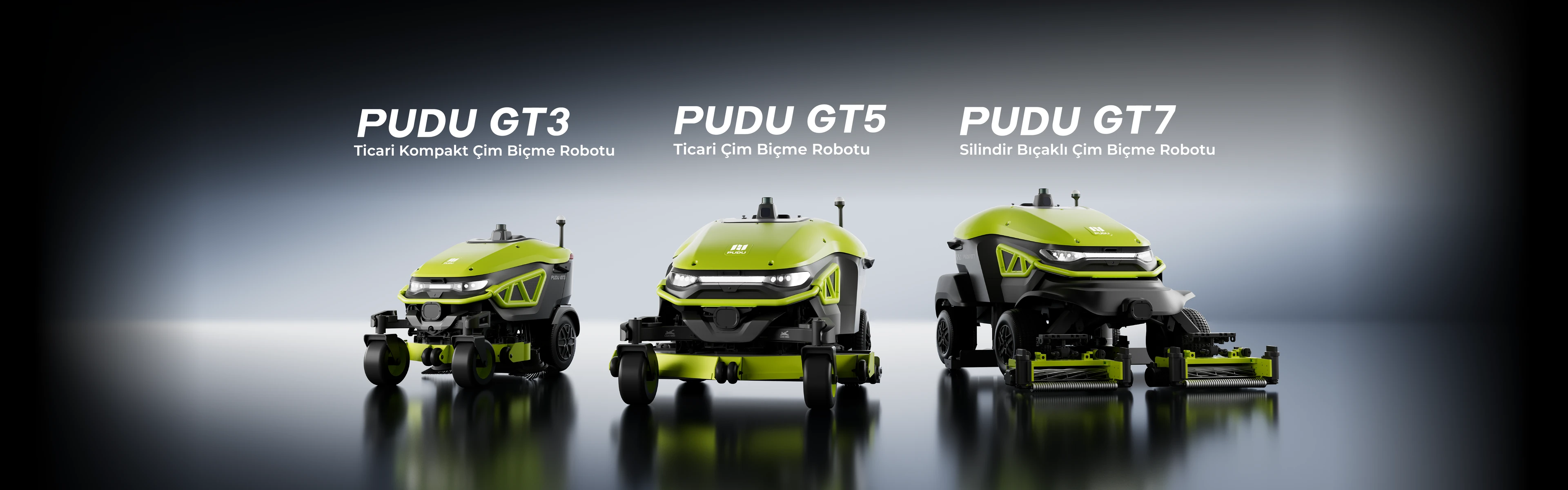 PUDU GT3, GT5 ve GT7 otonom çim biçme robotları yan yana