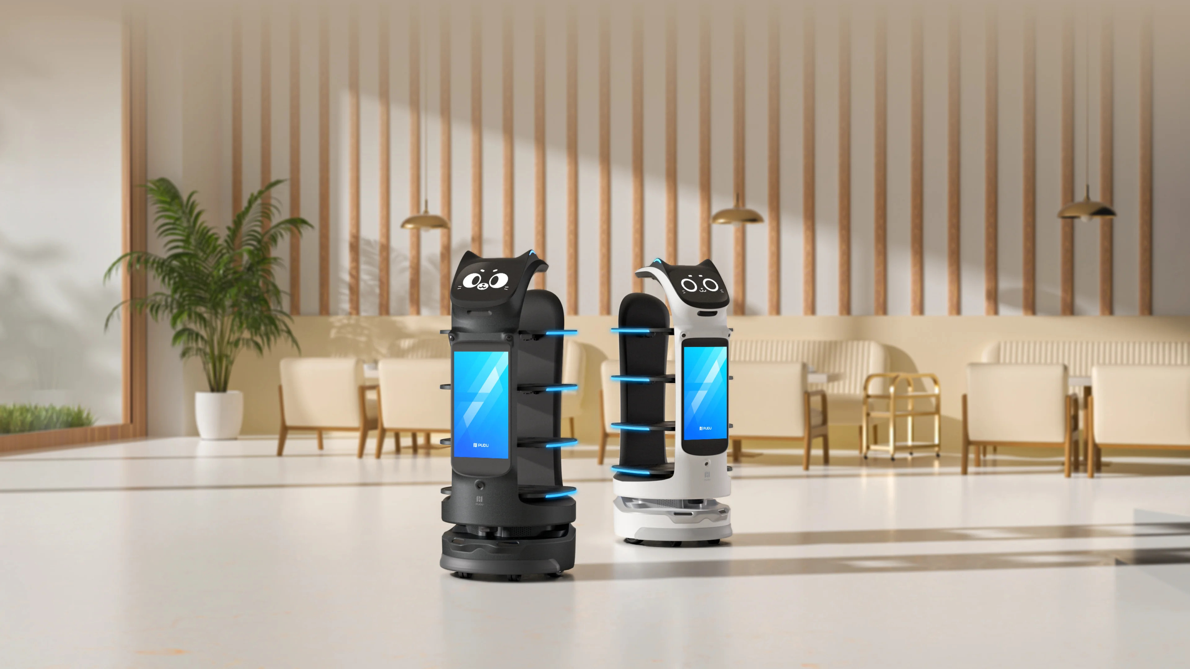 Restoranda siyah ve beyaz BellaBot Pro servis robotları