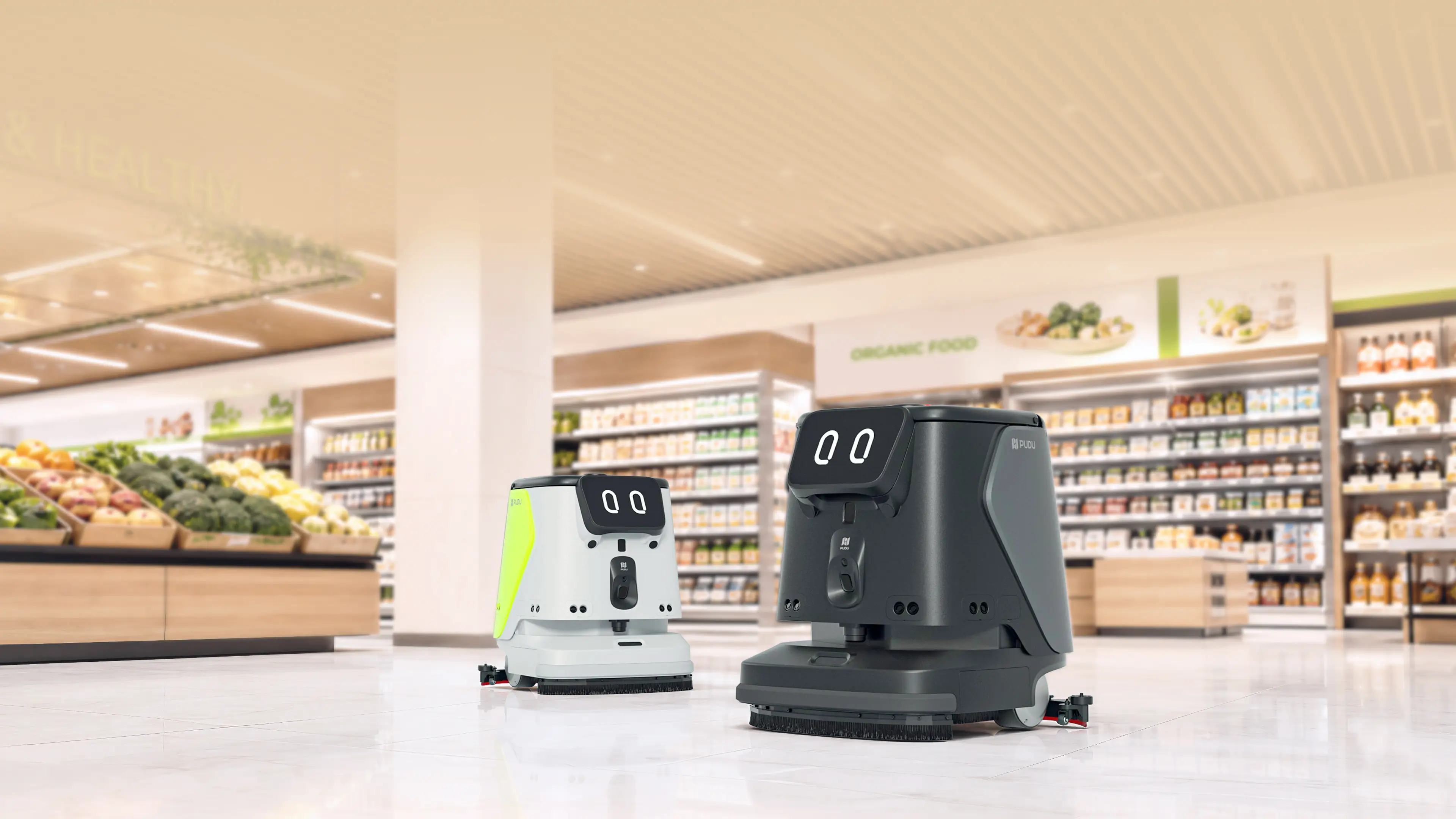 PUDU CC1 Pro Disc robotları süpermarkette