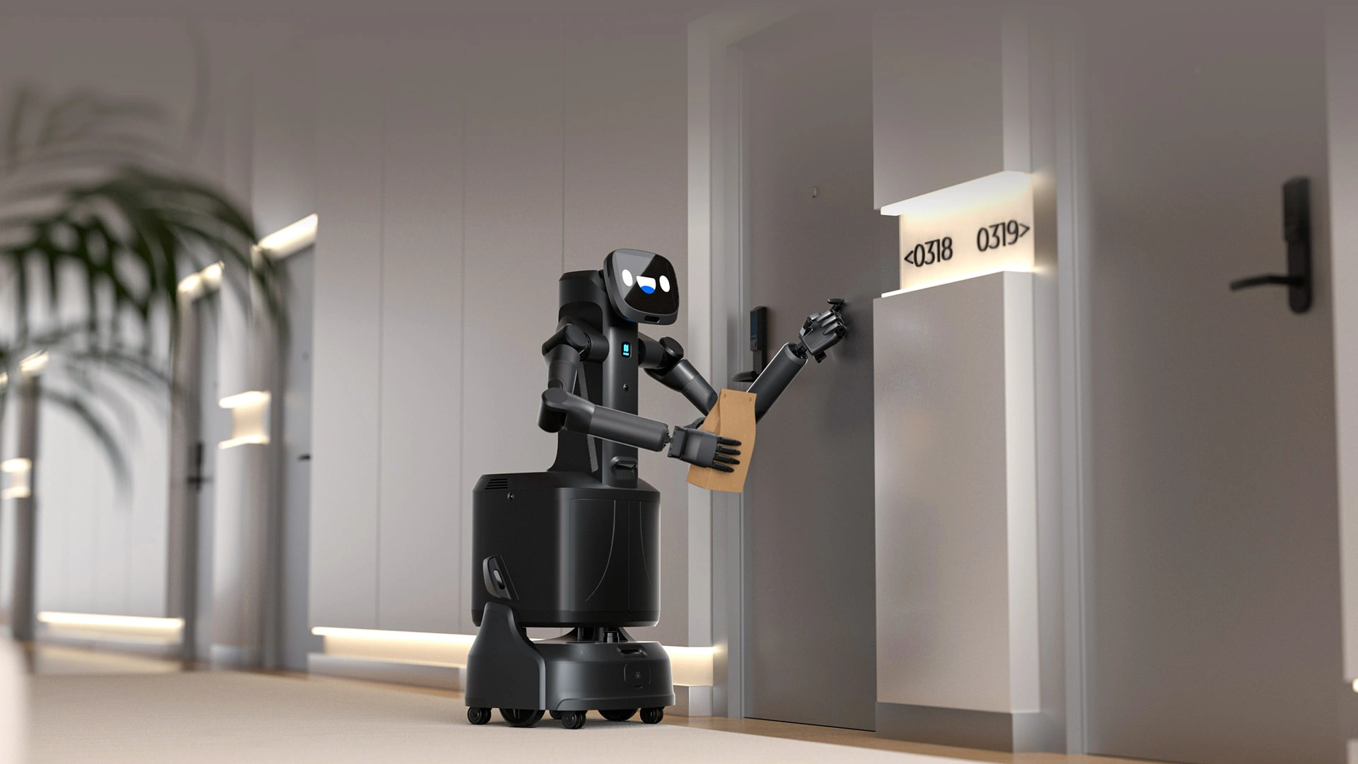 FlashBot Arm otel koridorunda oda kapısına paket teslim ediyor