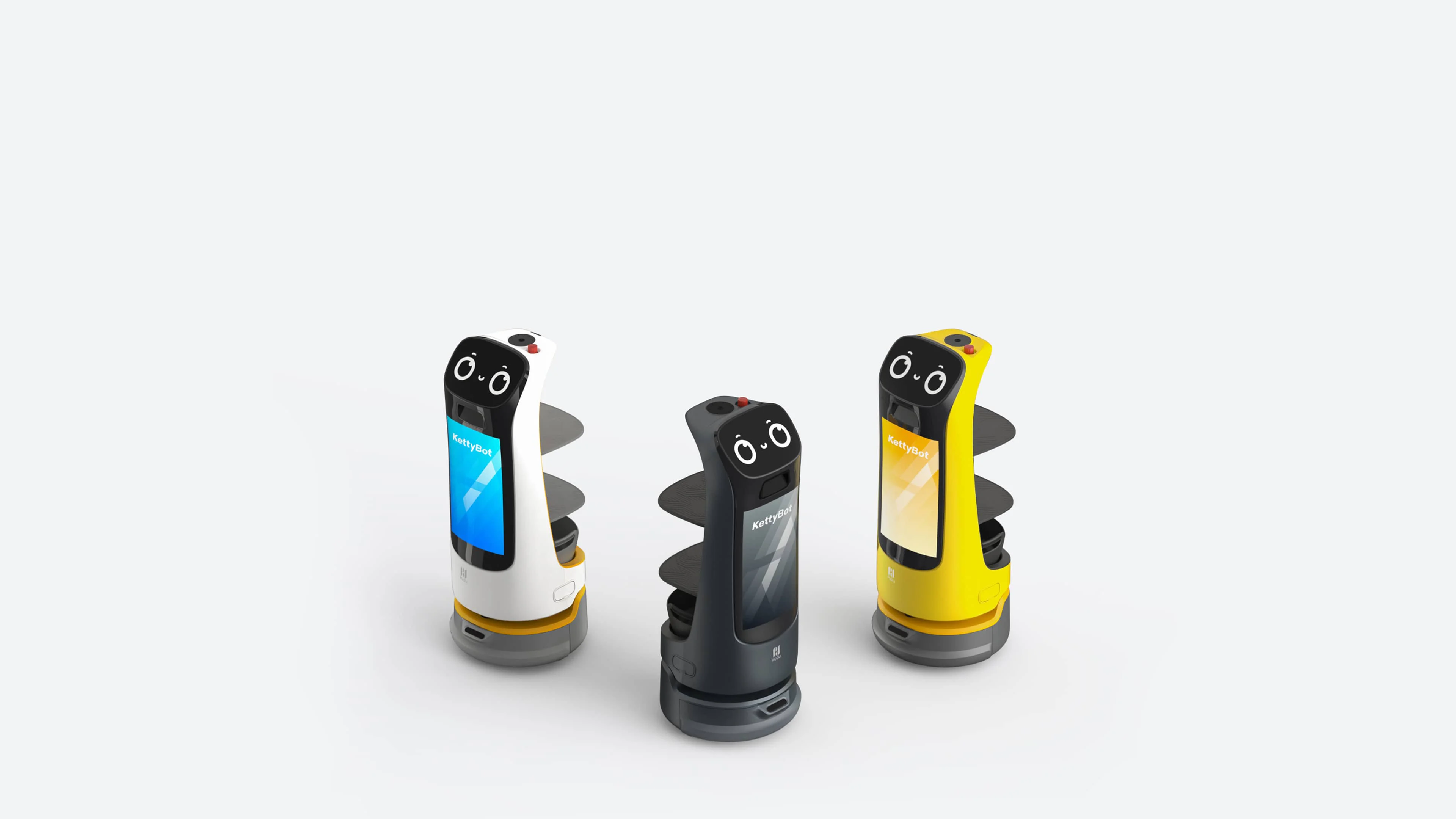 Beyaz, siyah ve sarı KettyBot Pro robotları
