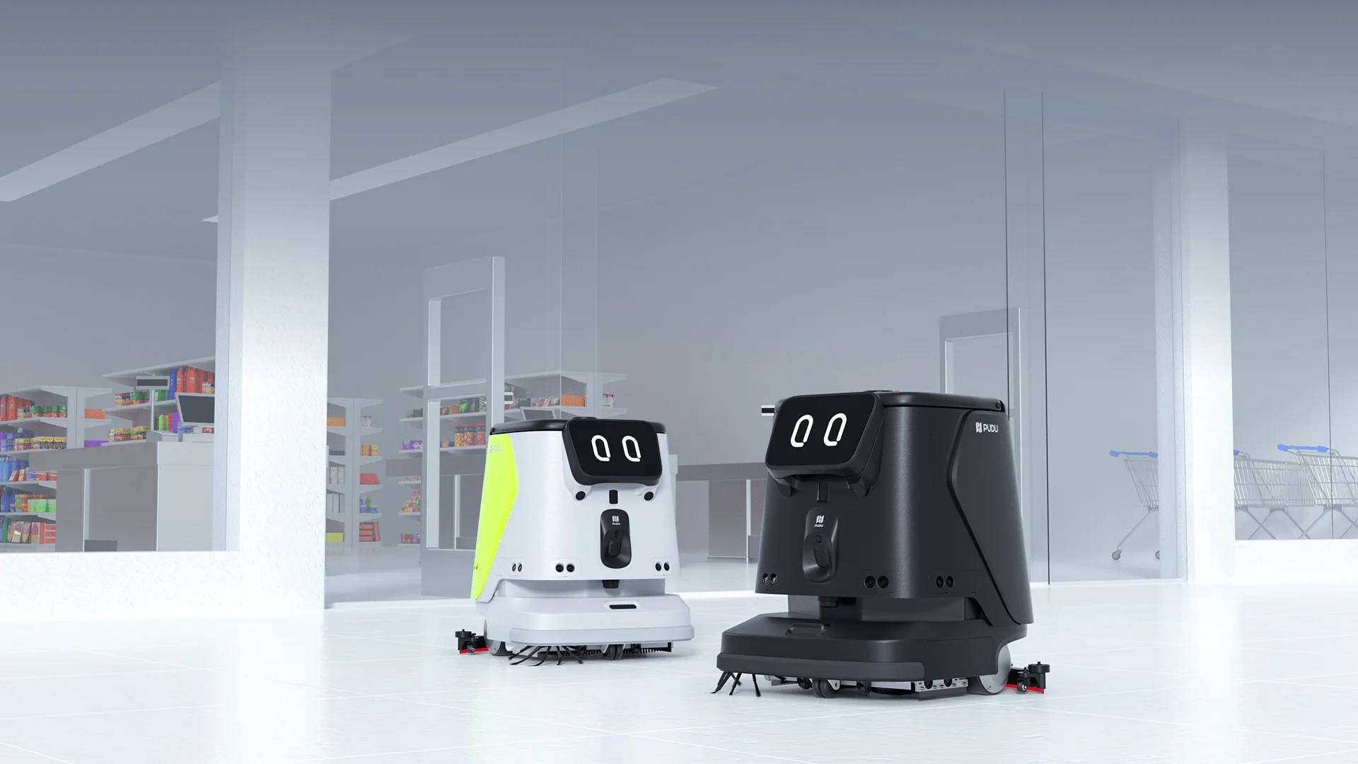 İki PUDU CC1 Pro temizlik robotu mağaza girişinde