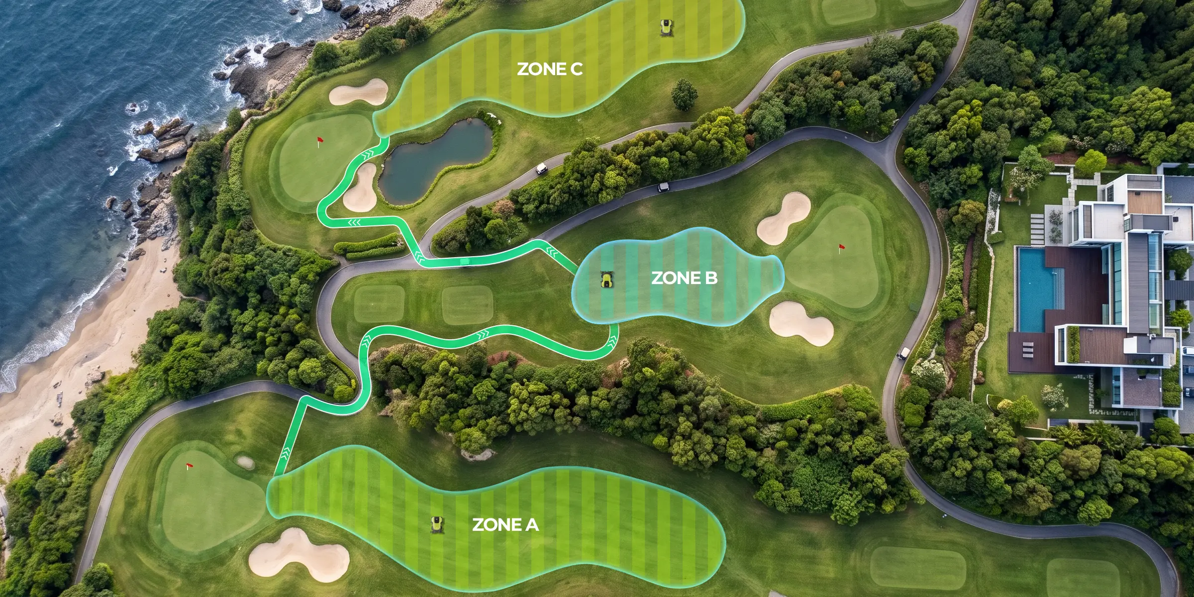 GT7'nin golf sahasında haritalı rotayla bölgeler arasında geçişi