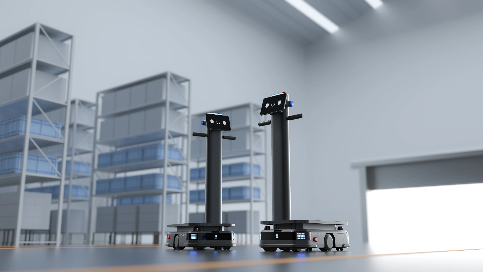 İki PUDU T150 teslimat robotu depo ortamında