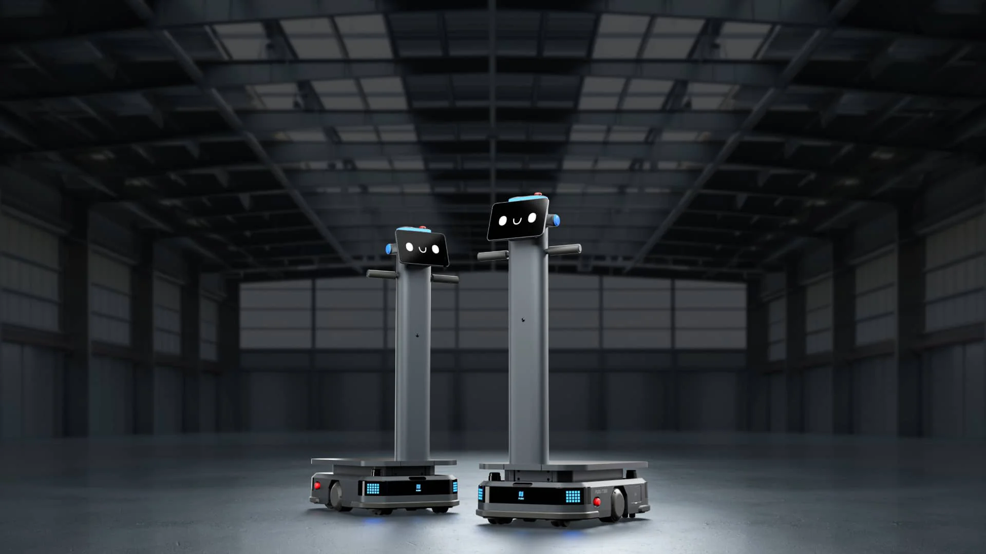 İki PUDU T300 teslimat robotu karanlık depo ortamında